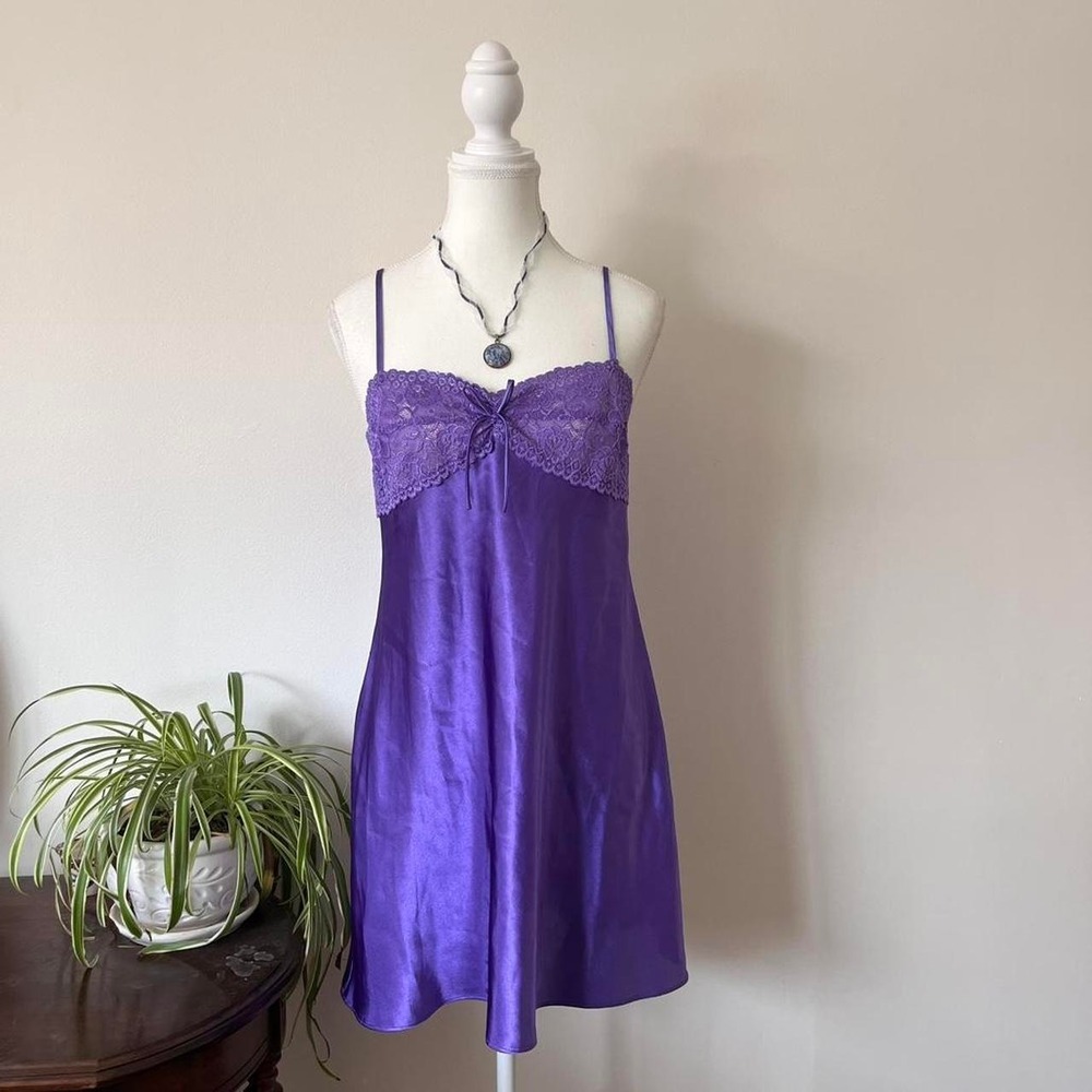 Vintage Satin Slip Dress Womens Sz S Purple Lace Dainty Romantic